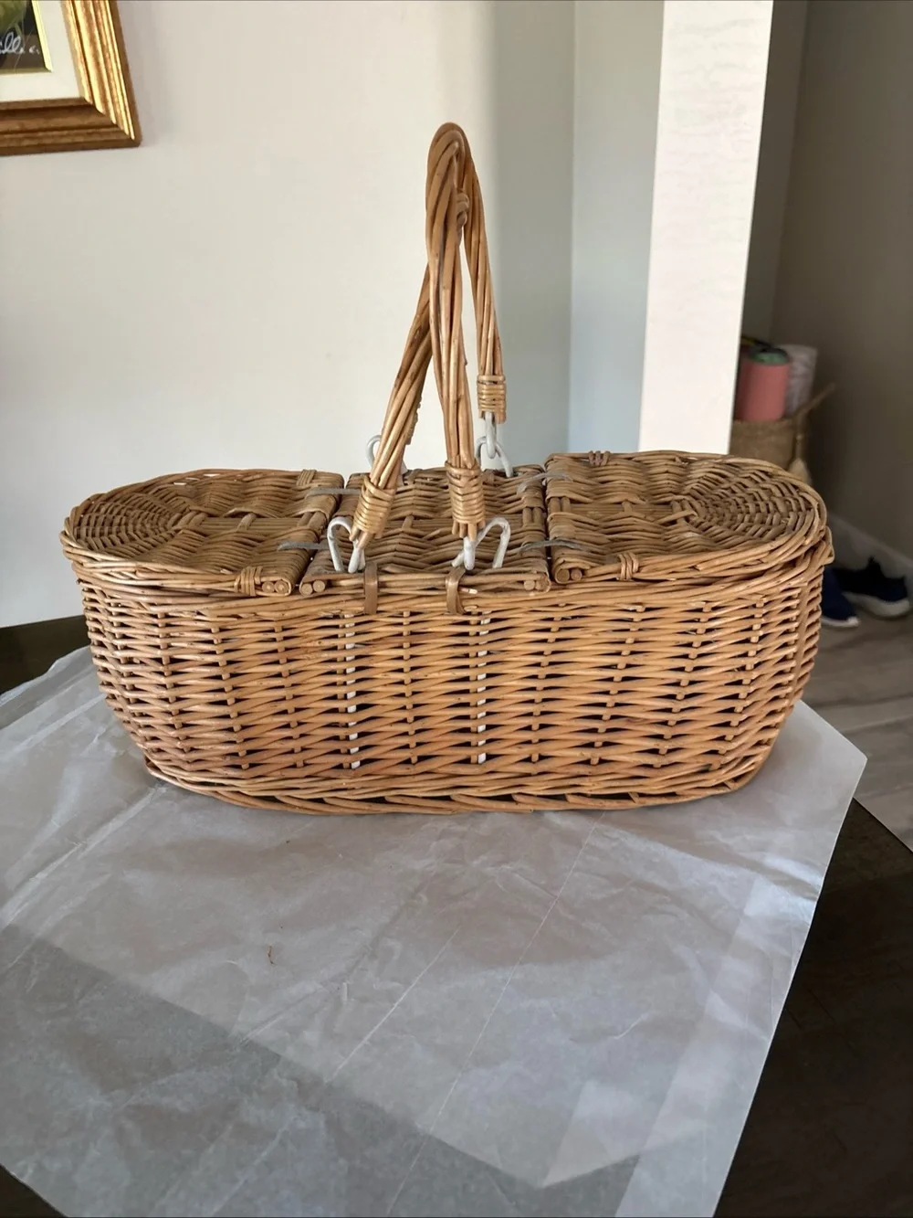 Gorgeous Vintage Oblong 15” Long WICKER Double Lidded Picnic Basket Awesome